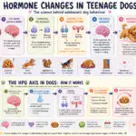 Educational illustration showing how hormone changes influence adolescent dog behaviour and development